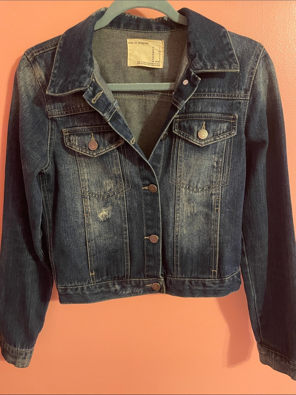 life in progress Distressed Dark Blue Denim Jacket